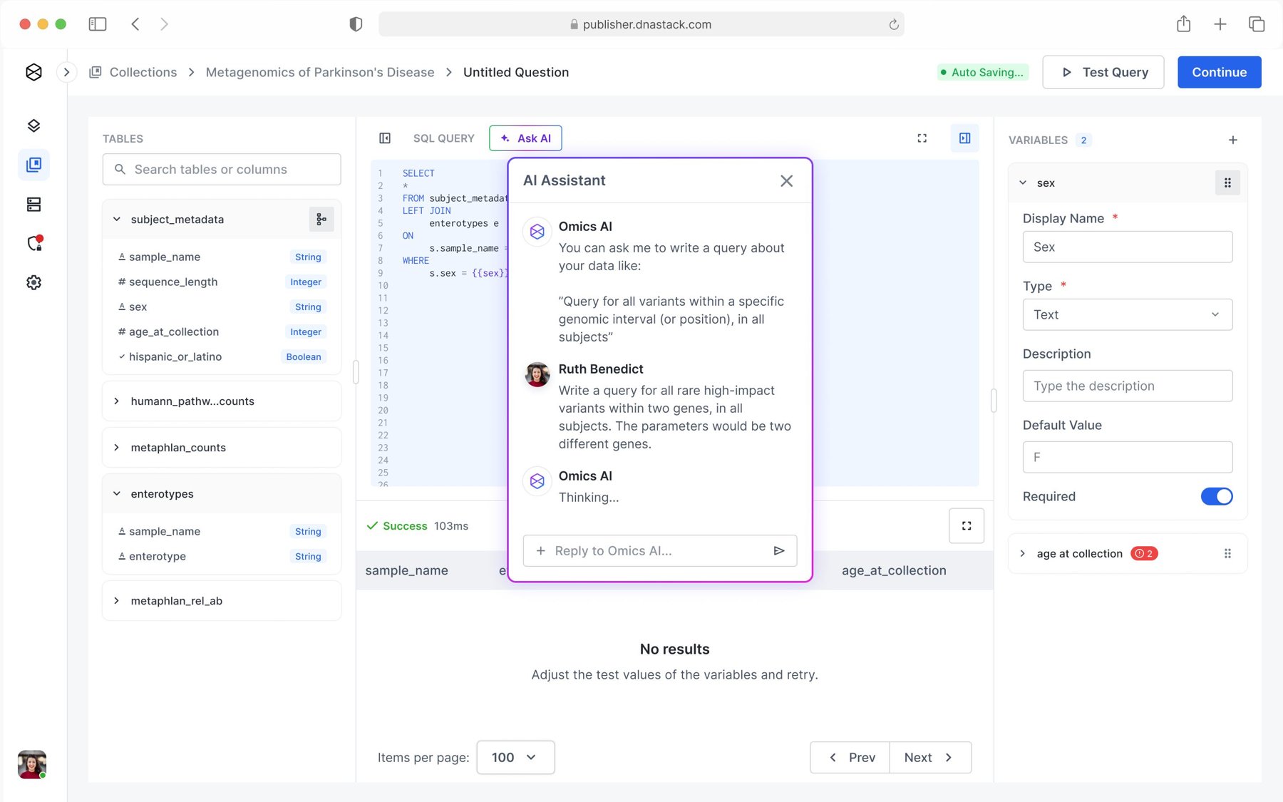 AI assistant drafting a query in Publisher