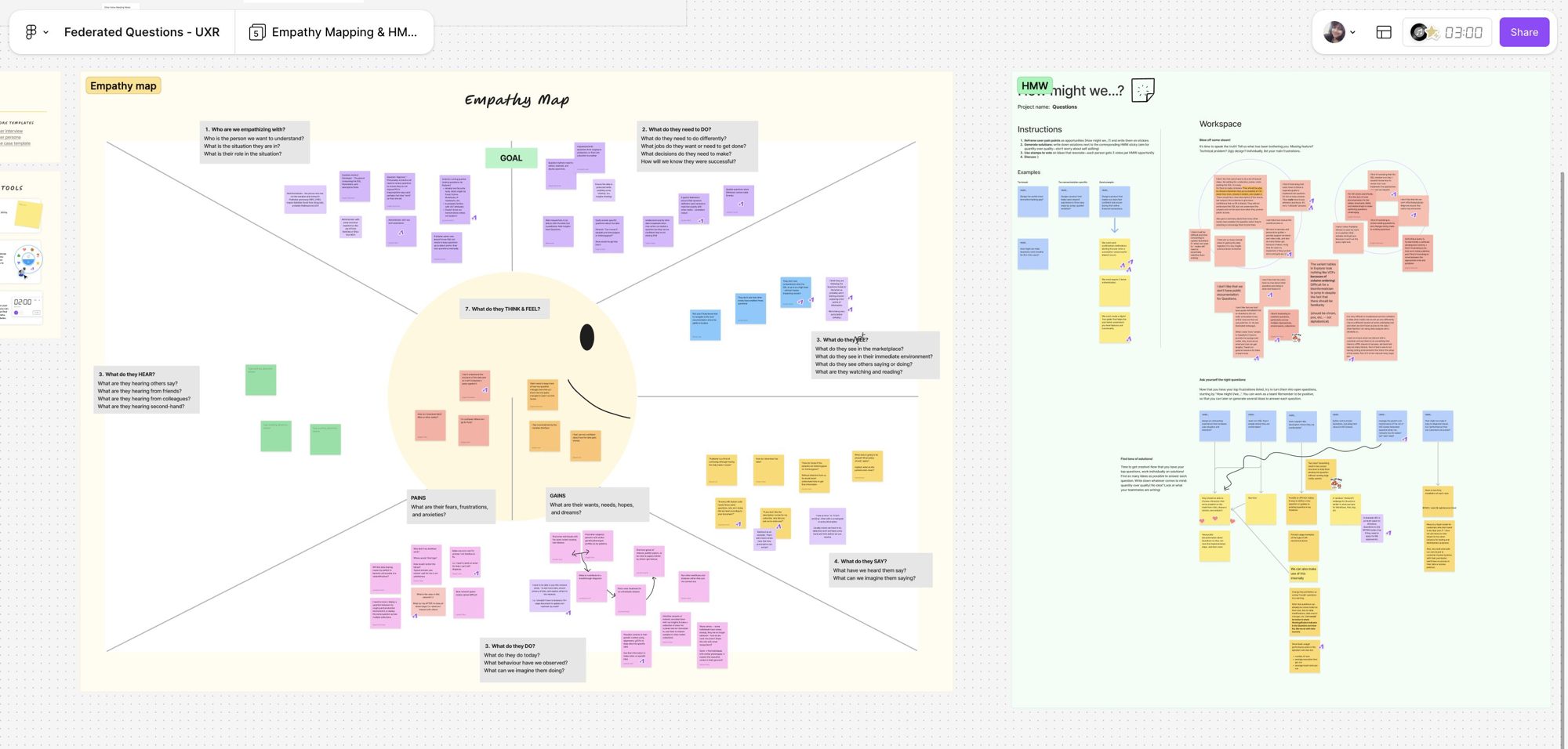 Empathy map and how-might-we workshop boards from Questions user research